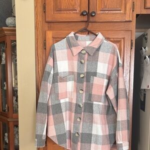 Plaid Button-Up Shirt in Pink and Gray